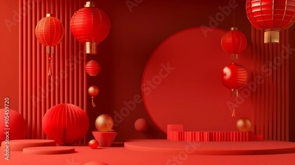 Fototapeta Chinese lunar new year theme. Chinese traditional texture. 3d abstract minimal geometric forms