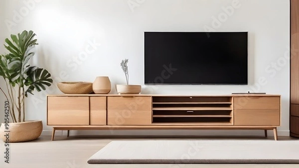 Fototapeta White walls, a minimalist decor, and a wooden TV cabinet in the living room