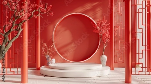 Obraz 3d rendering of minimal scene of blank podium with Chinese lunar new year theme. Display stand for product presentation mock up. Chinese traditional texture