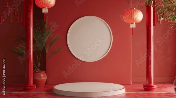 Obraz 3d rendering of minimal scene of blank podium with Chinese lunar new year theme. Display stand for product presentation mock up. Chinese traditional texture