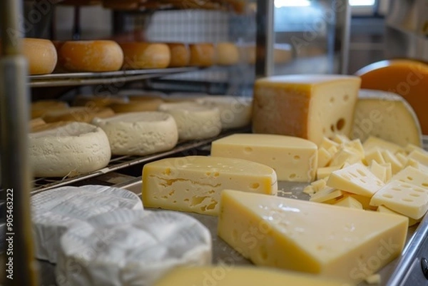 Fototapeta A dairy farm scene with various types of cheese.