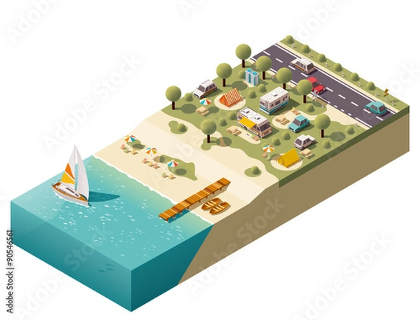 Obraz Vector isometric beach camping