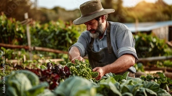 Fototapeta A farmer in a hat tends to vegetables in a garden, crouching by broccoli and red cabbage. The scene exudes peace and pastoral charm.