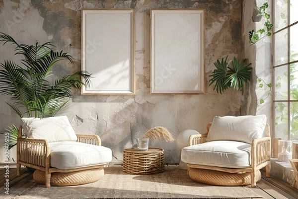 Fototapeta Double wooden frame mockup in boho living room interior background, 3d render, Generative AI