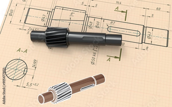 Obraz 3D rendering - mechanical shaft over 2D drawing