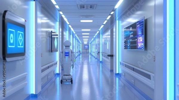 Fototapeta A futuristic hospital corridor with advanced digital signage and robotic assistants, illustrating the impact of technology on improving patient care and the efficiency of healthcare facilities