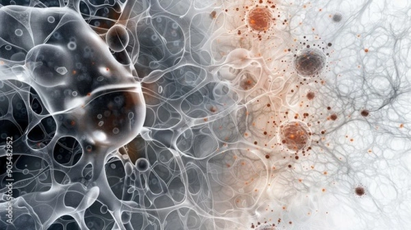 Fototapeta Abstract medical illustration of cells and neurons in a network.  This image is perfect for depicting the complexities of the human body and the interconnectedness of its systems.