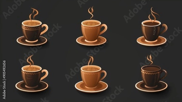 Fototapeta Coffee Cup Icons with Black Background in Multiple Views