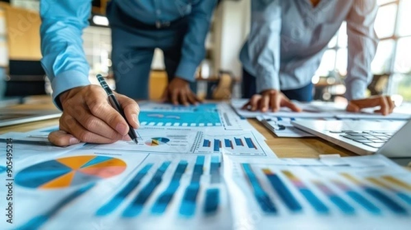 Fototapeta Business professionals reviewing a detailed roadmap for company growth, strategic alignment, focused discussion, corporate strategy, professional environment, goal setting