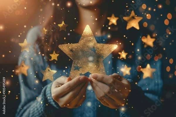 Obraz Happy customer leaving a fivestar review online, positive feedback, customer satisfaction, brand loyalty, digital review, excellent service, customer retention