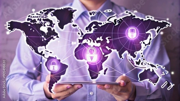Fototapeta A businessman holds a tablet displaying a world map with lock icons symbolizing cybersecurity, data protection, network security, digital privacy, and global connectivity.