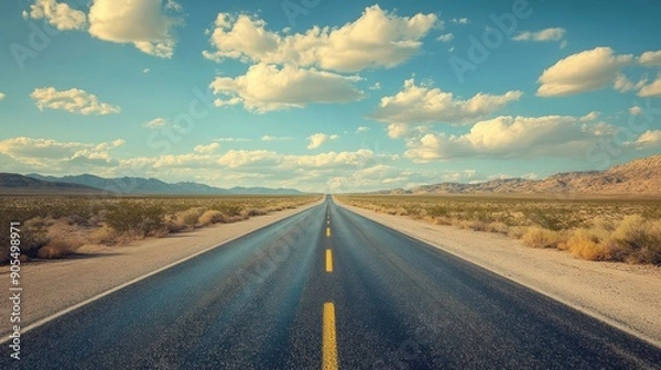 Obraz mirror view, desert highway, sunny day, blue sky, clouds, blurred background, vintage American road trip