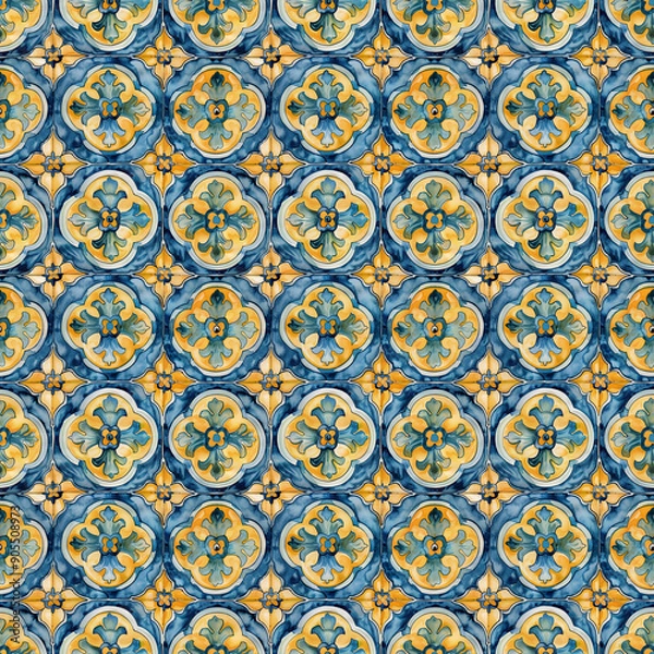 Fototapeta Tile art pattern. Hand drawn, watercolor, textile print, fabric