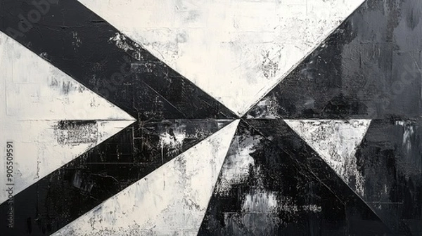 Fototapeta Contemporary abstract painting with black and white geometric lines and subtle textures, creating a modern art piece.