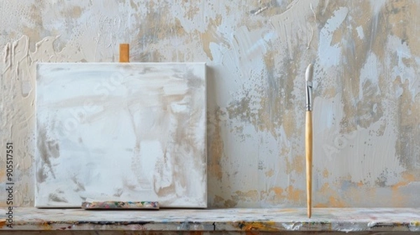 Fototapeta A blank canvas and paintbrush rest against a textured wall, ready for artistic inspiration.