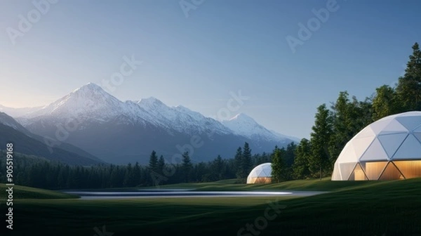 Fototapeta A futuristic eco-village with dome-shaped homes, vertical gardens, and renewable energy sources, nestled in a serene, mountainous landscape at dawn, high-resolution photo, realistic photo
