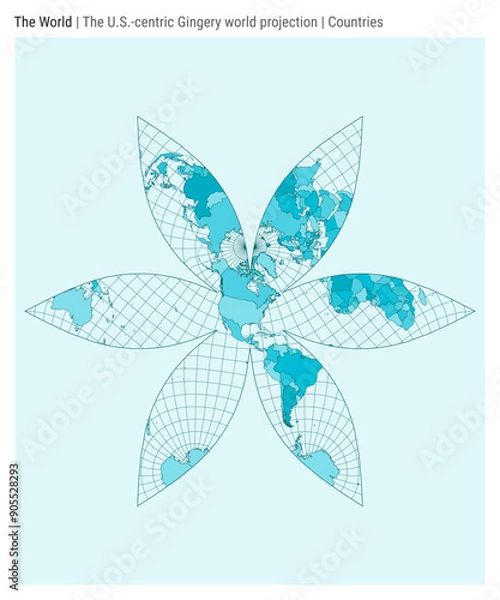 Obraz The U.S.-centric Gingery world projection. High detail world map for infographics, education, reports, and presentations. Vector illustration.