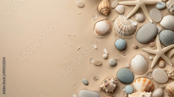 Fototapeta Beach sand with shells and stones on a beige background. Coastal elements arrangement for summer vacation themes.