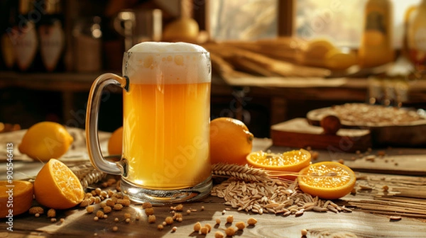 Obraz Refreshing Witbier with Citrus and Grain on Rustic Table