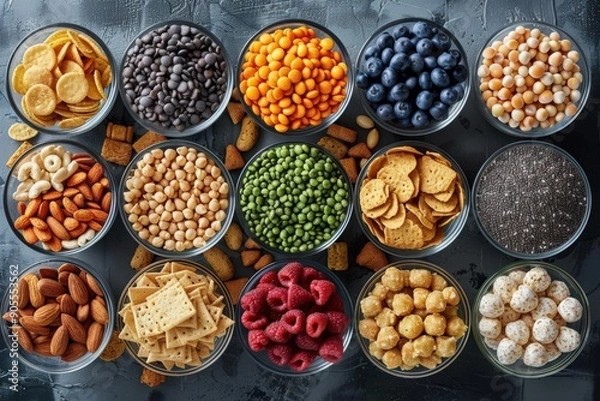 Fototapeta Assorted Healthy Snacks in Glass Bowls on a Dark Background - Nuts, Berries, Crackers, and Seeds