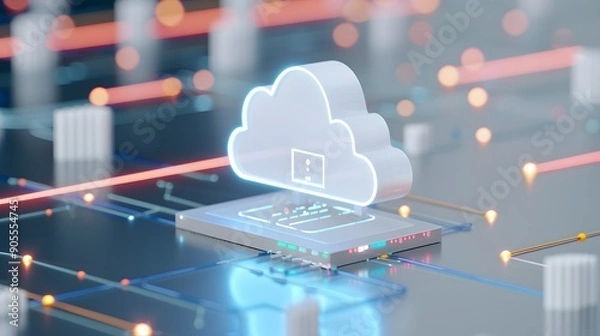 Fototapeta Futuristic cloud computing concept with glowing cloud icon on a circuit board, representing modern data storage technology.