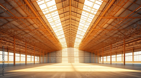 Obraz Empty industrial warehouse with high ceiling. The interior of storehouse is illuminated by natural light making it perfect for warehouse background