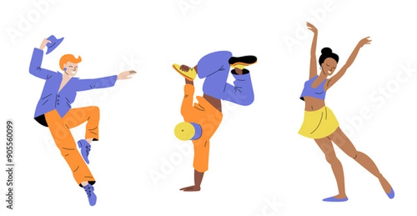 Fototapeta Happy dancing people. Colourful illustrations of diverse dancers performing various dance moves and poses. 