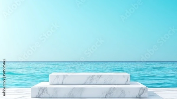 Fototapeta Marble podium against serene ocean, three steps, product display, minimalist, flat design illustration, copy space for text, ultra HD,
