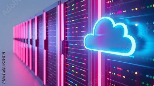 Fototapeta Futuristic server room with glowing cloud icon, representing cloud computing, data storage, and technology infrastructure solutions.