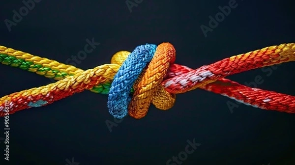 Fototapeta A knot of multicolored ropes on a black background.