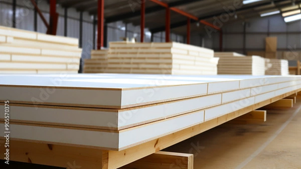 Fototapeta Structure Insulated Panels neatly stacked in warehouse or factory setting. This image showcases building materials, SIP, in commercial or logistics context