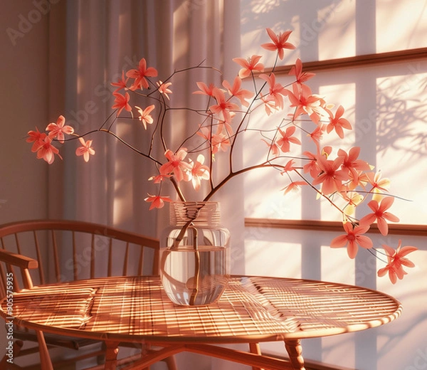 Fototapeta Modern interior with floral arrangement on table in soft afternoon light