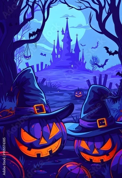 Fototapeta A spooky Halloween scene featuring jack-o’-lanterns, a witch’s hat, a haunted castle, graves, and bats under a full moon. The eerie atmosphere is perfect for a Halloween night
