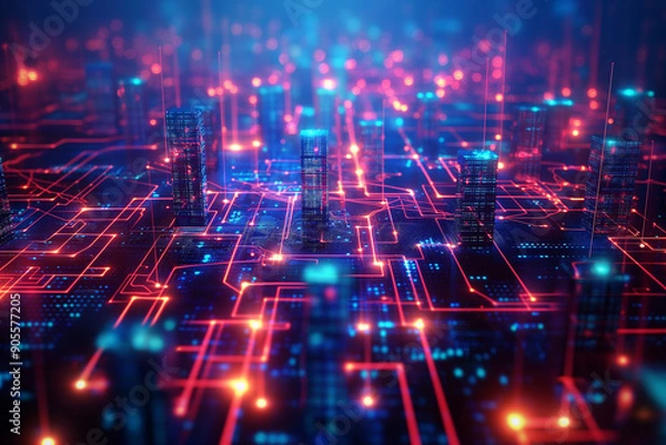 Fototapeta Futuristic digital cityscape glowing blue and red data network