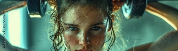 Fototapeta Intense Workout: Determined Woman Lifting Weights with Focus and Strength in a Gym Setting