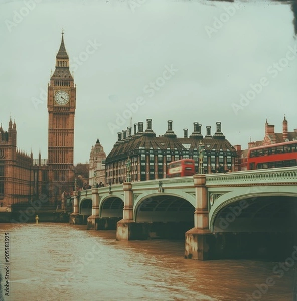 Fototapeta A vintage photo of Big Ben and Victorian houses on the side, a bridge over the River Thames in London with a red double decker bus passing in the style of