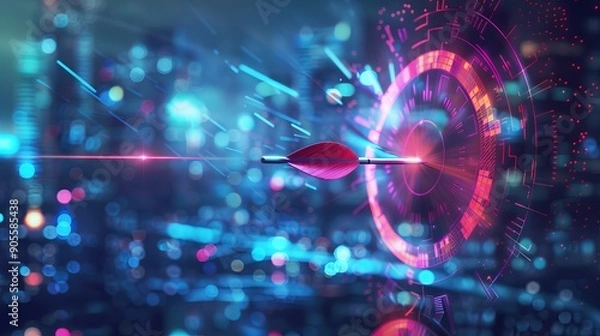 Fototapeta The concept of a target with a glowing hologram and an arrow hitting the center Growth strategy or financial goal concept Symbolic goals achievement success victory Vector