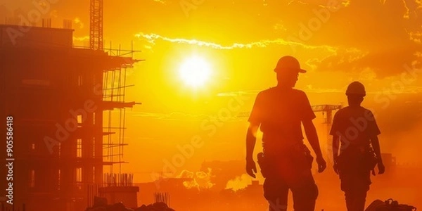 Obraz Construction Workers Brave the Intense Heatwave, Demonstrating Resilience and Commitment Amidst the Sweltering Summer Conditions