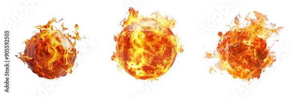 Fototapeta Set of a close-up view of a fiery orb resembling a fireball, isolated on a transparent background.