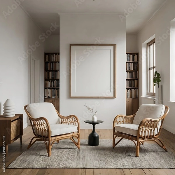 Fototapeta Modern bright interior with empty frame . 3D rendering
