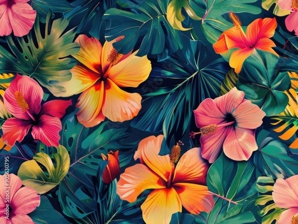 Fototapeta A colorful tropical flower pattern with pink, yellow, and orange flowers. The flowers are surrounded by green leaves and vines. Scene is bright and cheerful, with a sense of warmth and happiness