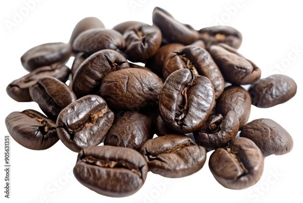Fototapeta A pile of coffee beans with the beans spread out on a white background. The beans are of different sizes and shapes, and they are all brown in color. Concept of warmth and comfort