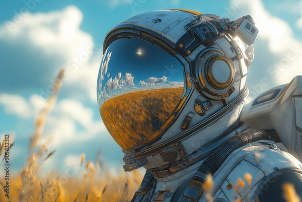 Obraz An astronaut stands in the middle of a wheat field in America, with the golden crops reflected in the helmet against a sunny blue sky
