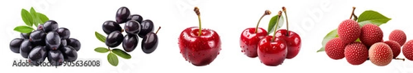 Fototapeta Tropical fruit assortment: cherry, jamun aka java plum, litchi.