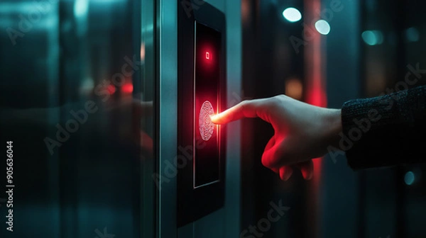 Fototapeta Person pushing a button on a touch screen Technology