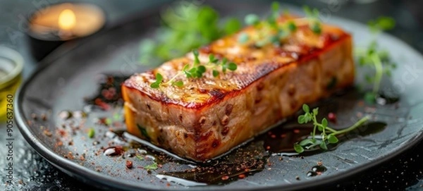 Fototapeta Foie Gras Terrine. Rich, silky terrine made from duck liver, garnished with microgreens and served on a black plate with a drizzle of balsamic reduction.
