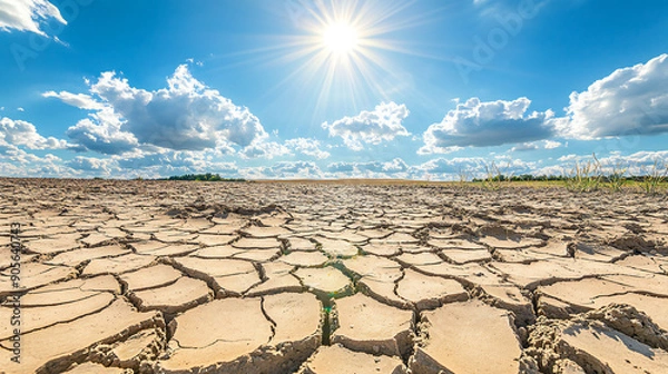 Fototapeta Drought parched Surface Global warming Cracks Bright Sun fluffy clouds extreme Weather