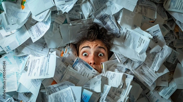 Fototapeta Person in debt piled up under so many bill financial unstable 