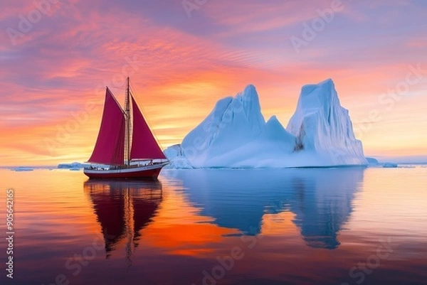 Fototapeta A red sailboat in front of an enormous iceberg at sunset, with beautiful colors, in the style of National Geographic photography. 