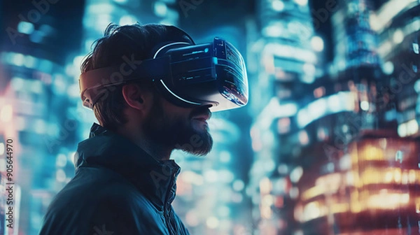 Fototapeta A Man Wearing Virtual Reality Headset in an Illuminated Urban Environment at Night technology
